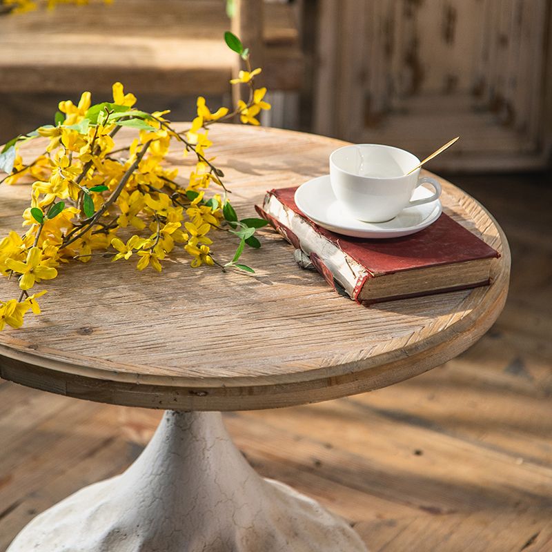 French Country Wood Round Top Side Table Distressed Iron Base End Table