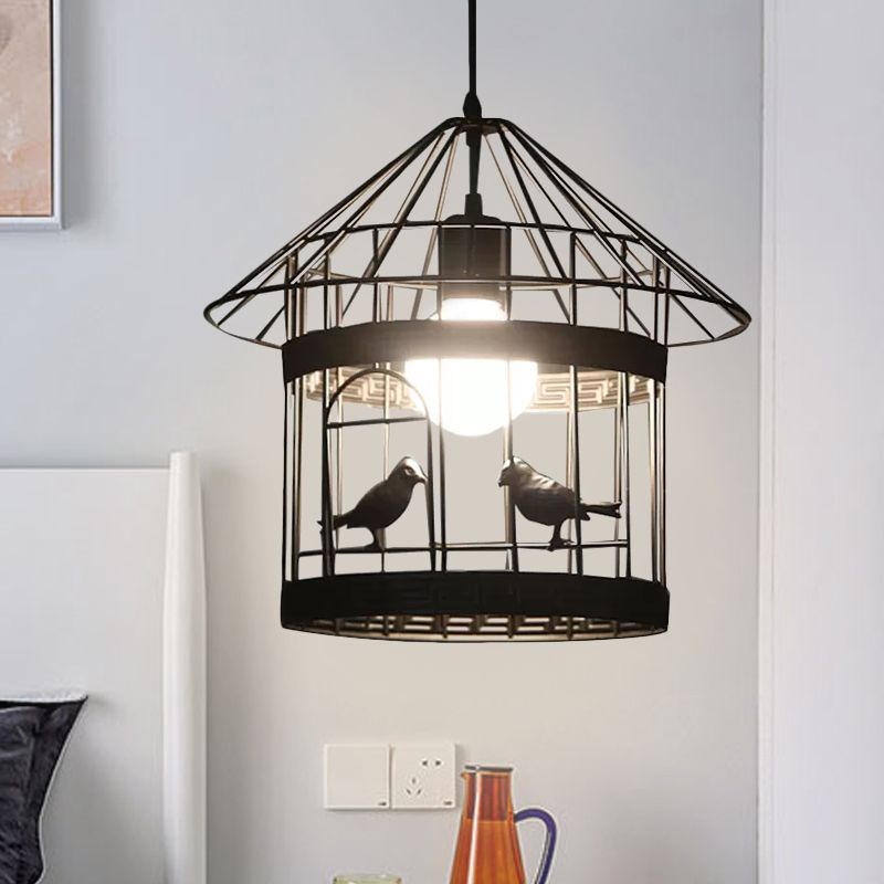 Rustic Birdcage Hanging Light 1 Head Metal Pendant Lamp in Black with Bird Decoration
