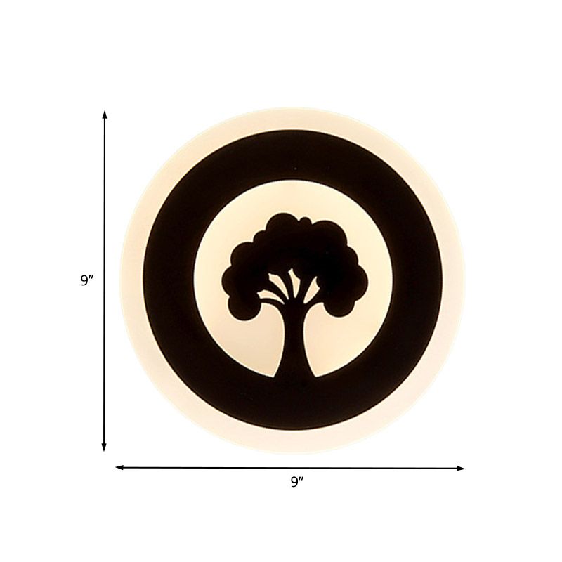 Acrylic Round Wall Lighting Modernism LED Flush Wall Sconce in Black with Tree Pattern, White/Warm Light