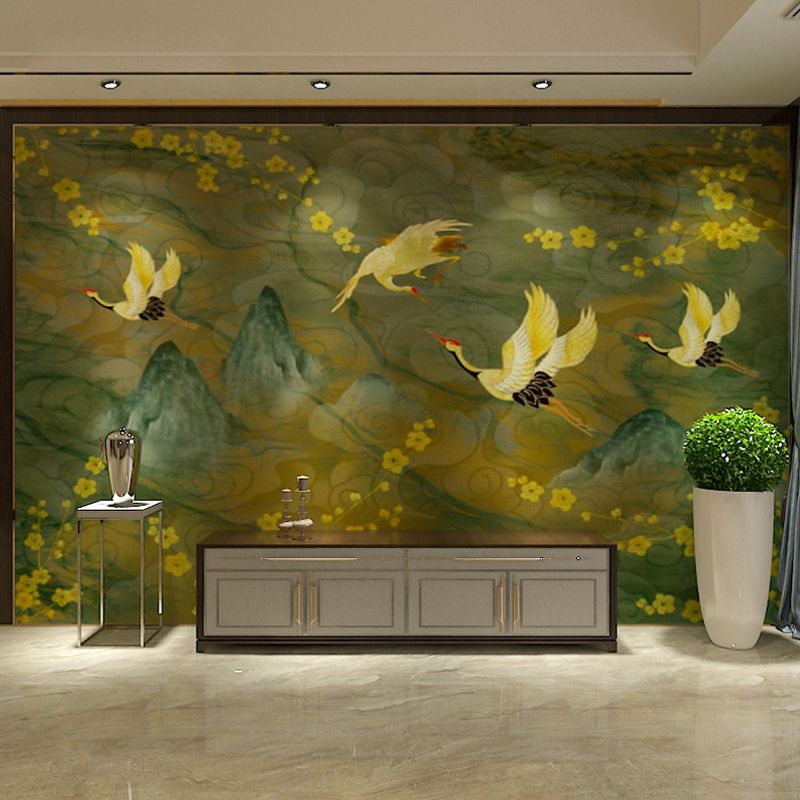 Big Mural with Plum Blossom and Crane Design Yellow and Green Non-Woven Wall Art for Home Decor, Made to Measure