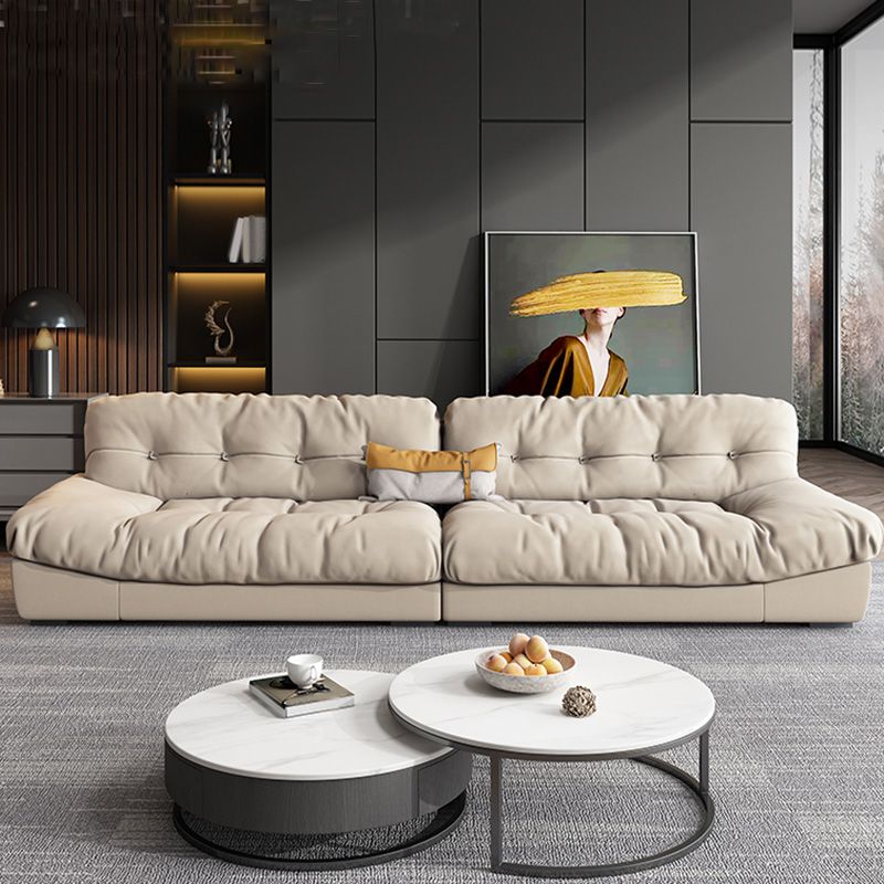 Scandinavian Beige Sofa with Tufted Back and Flared Arm for Living Room