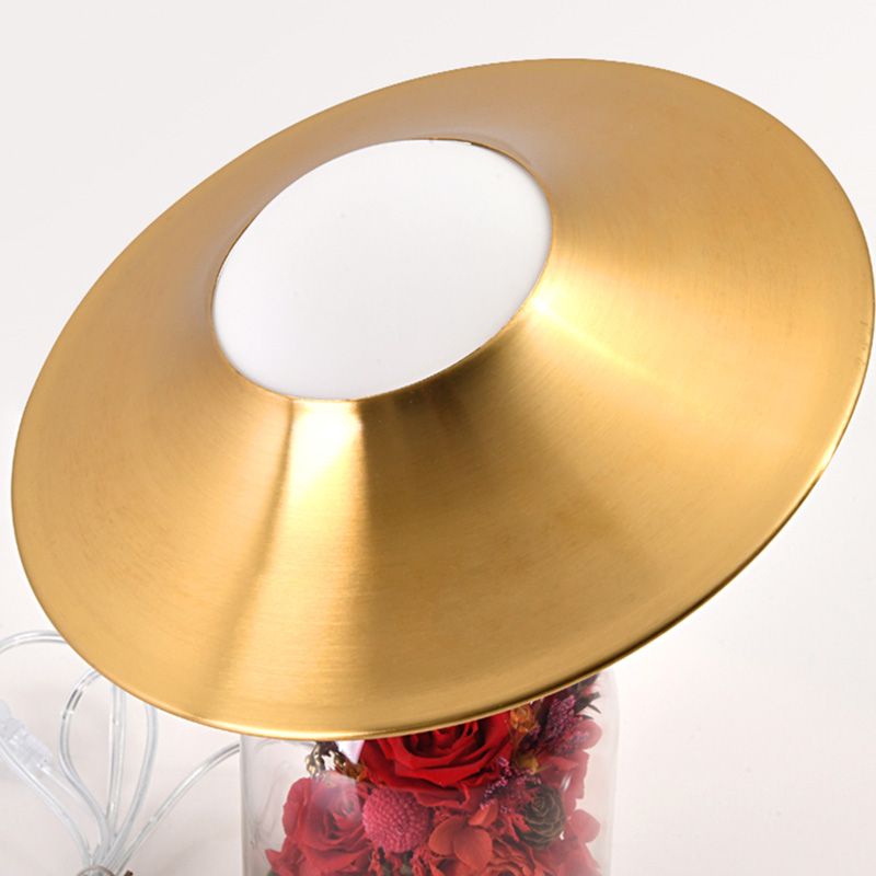 White Glass Newlywed Nightstand Lamp Modern 1-Bulb Gold Table Light with Flower Decor