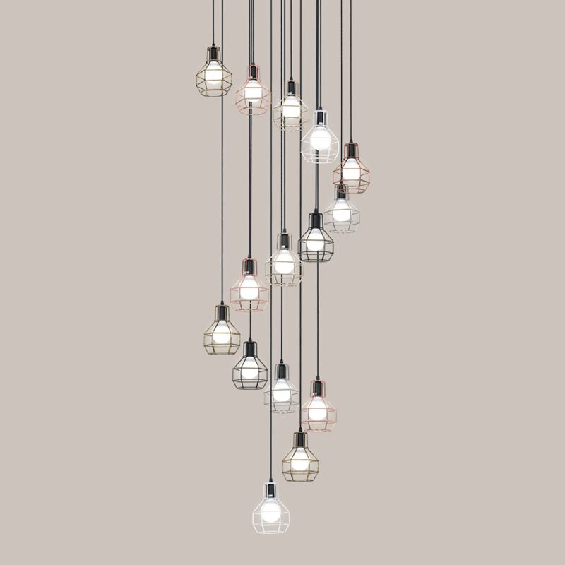 Metal Grenade Cage Suspension Light Minimalist Black Multi Light Pendant for Staircase