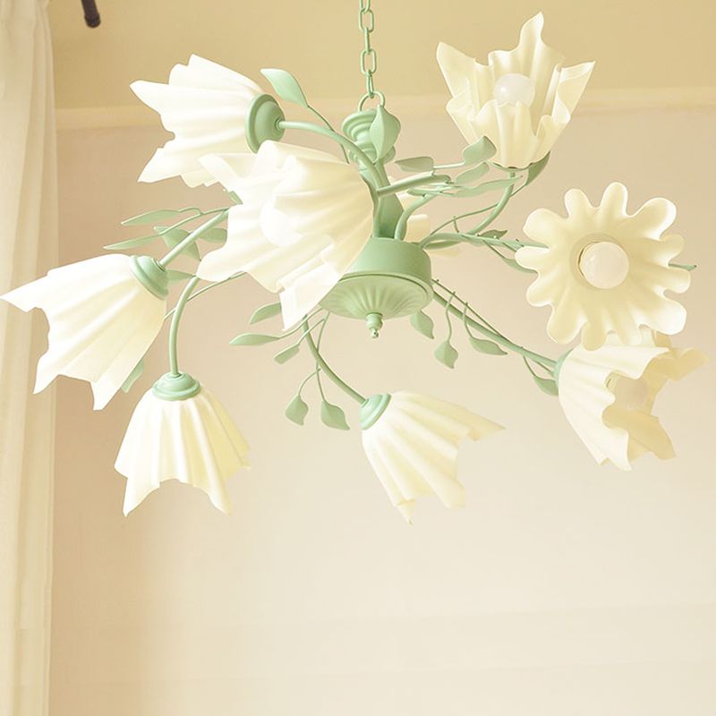 Green Flower Chandelier Lighting Modernism Metal 9 Bulbs Pendant Light Fixture for Living Room
