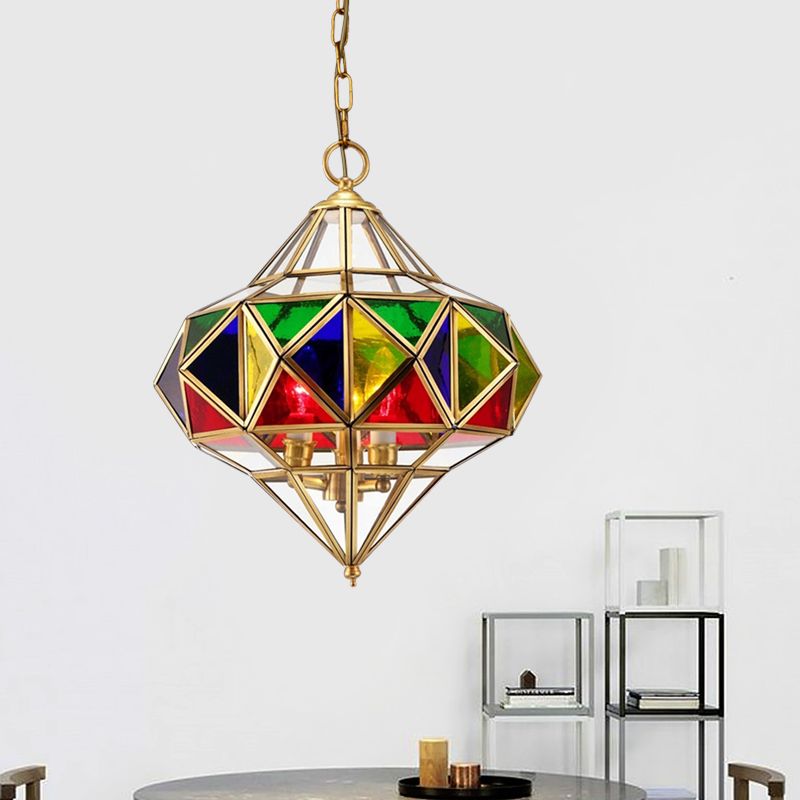 Antique Prism Pendant Chandelier 3-Head Colorful Glass Hanging Ceiling Light in Brass