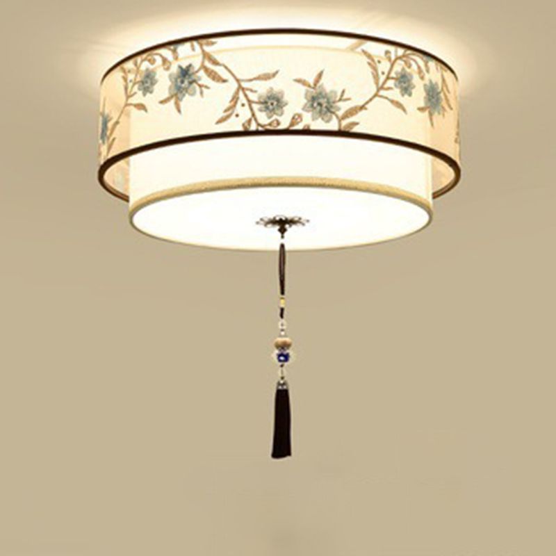 Geometric LED Ceiling Light in Traditional Classic Style Wrought Iron Flush Mount with Embroidered Fabric Shade