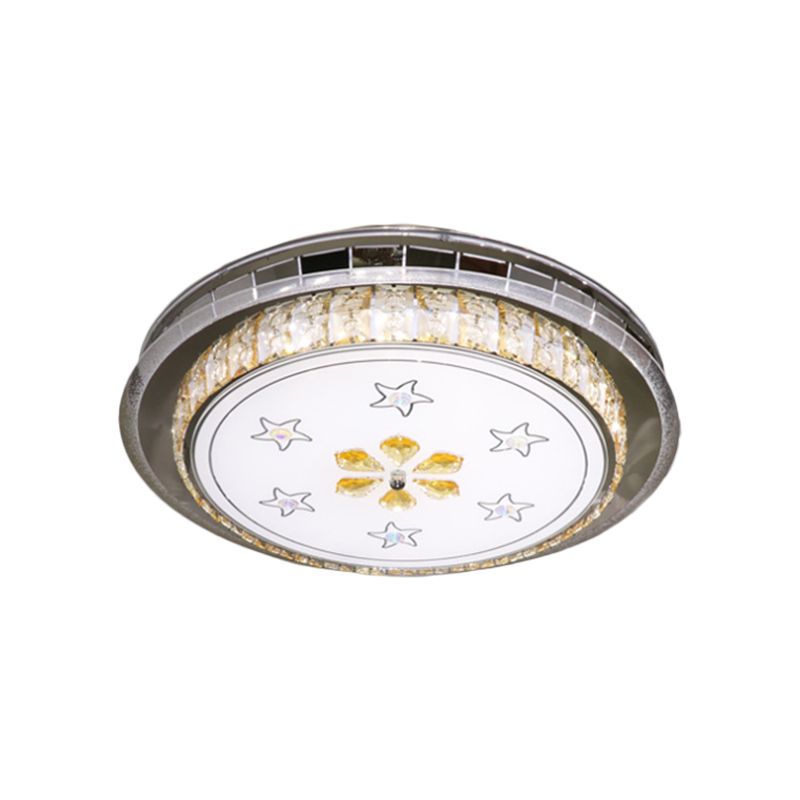 Modern Circular Ceiling Mount Clear Faceted Crystal Blocks LED Flush Light Fixture in Stainless-Steel