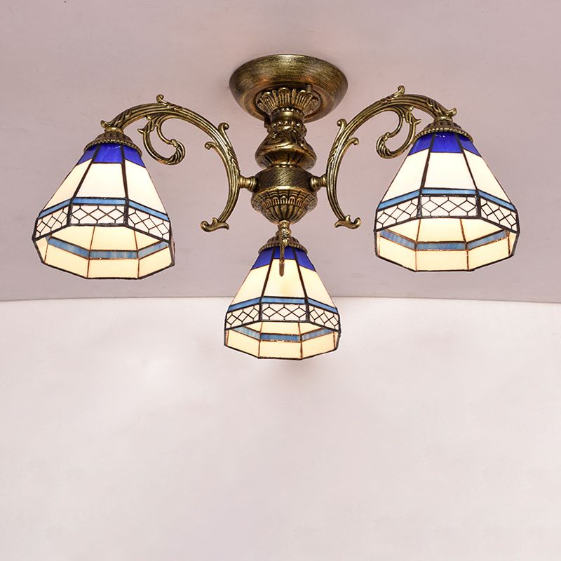 Blue 3 Heads Ceiling Light Tiffany Style Stained Glass Bell Shade Semi Flush Light Fixture