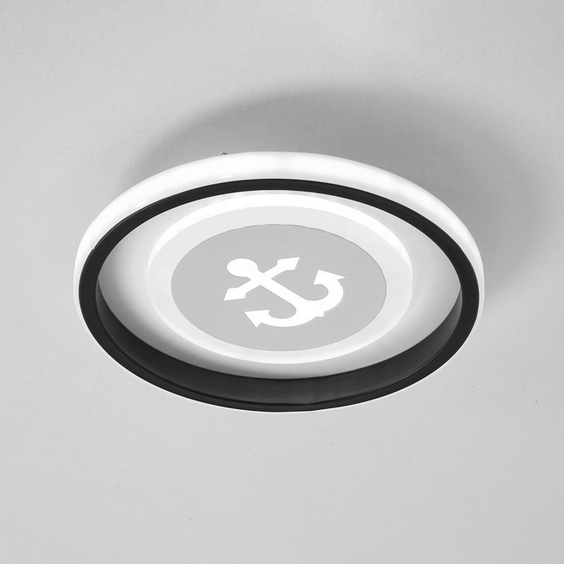 Circular LED Flush Light Fixture Cartoon Acrylic Black Ceiling Mount Lamp with Smile/Anchor/Panda Pattern