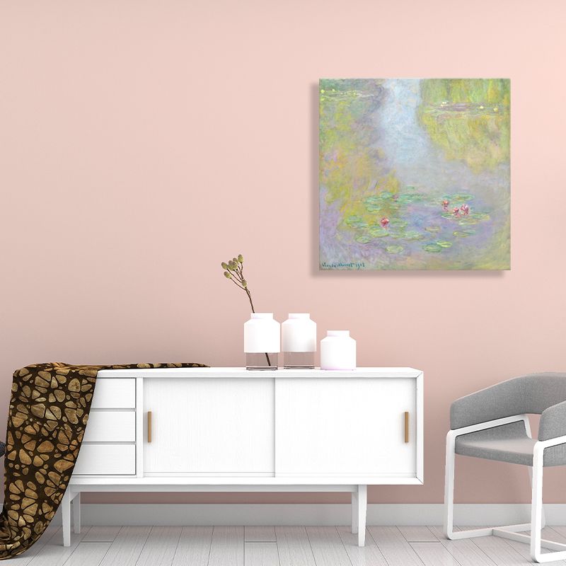 Green Lotus Flowers Scenery Canvas Textured French Rustic Style Bathroom Painting