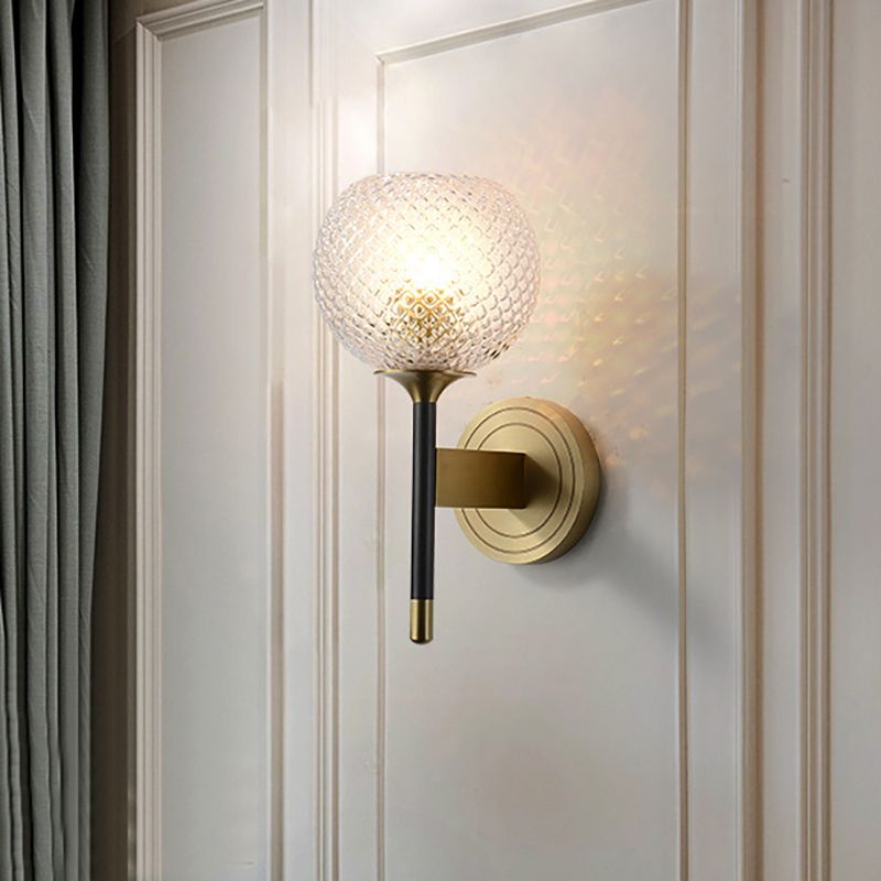 Lattice Glass Wall Mount Lamp with Dome Shade Mid-Century 1 Light Flush Mount Wall Sconce in Brass for Corridor