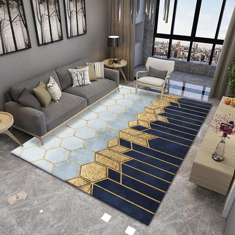 Green Living Room Rug Geometric Pattern Polyester Area Carpet Anti-Slip Washable Area Rug