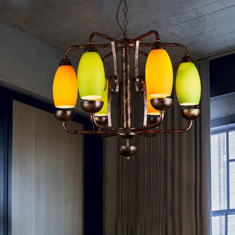 Rust 6 Lights Chandelier Lighting Rural Orange and Green Glass Curved Shade Pendant Lamp for Bar