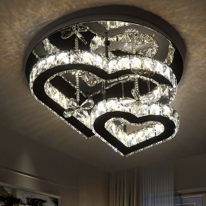 Beveled Crystal Loving Heart Ceiling Light Fixture Modern LED Clear Semi Flush Mounted Lamp