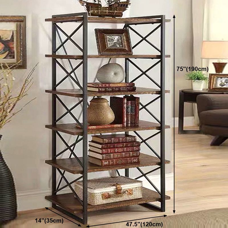 Industrial Open Etagere Bookshelf with Black Iron Frame Solid Wood Shelf