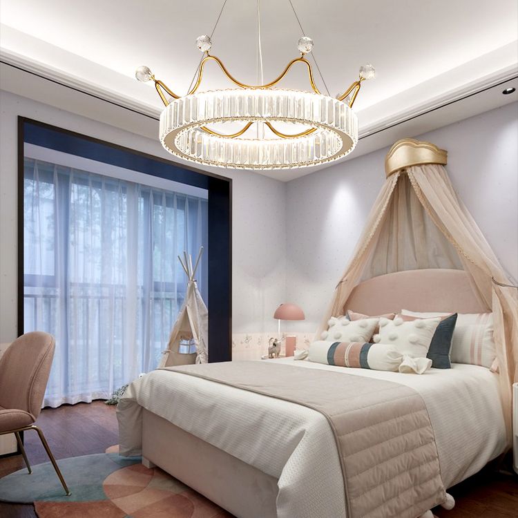 Beveled K9 Crystal Gold Pendant Light Crown Contemporary LED Ceiling Light for Bedroom