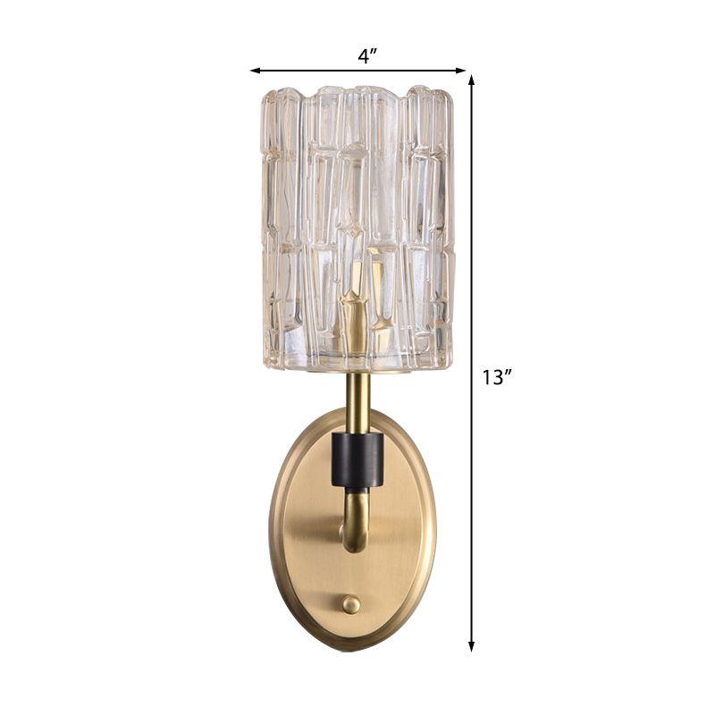 1/2-Head Bedside Wall Sconce Contemporary Style Brass Wall Lighting with Cylinder Clear Crystal Shade