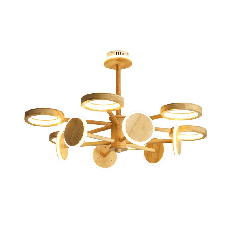 Japanese Radial Chandelier Light Wooden Living Room LED Hanging Light Fixture in Beige