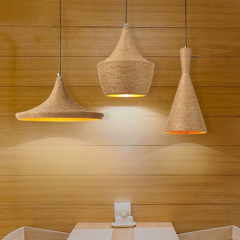 Geometrical Restaurant Suspension Lighting Retro Hemp Rope Single Brown Pendant Ceiling Light
