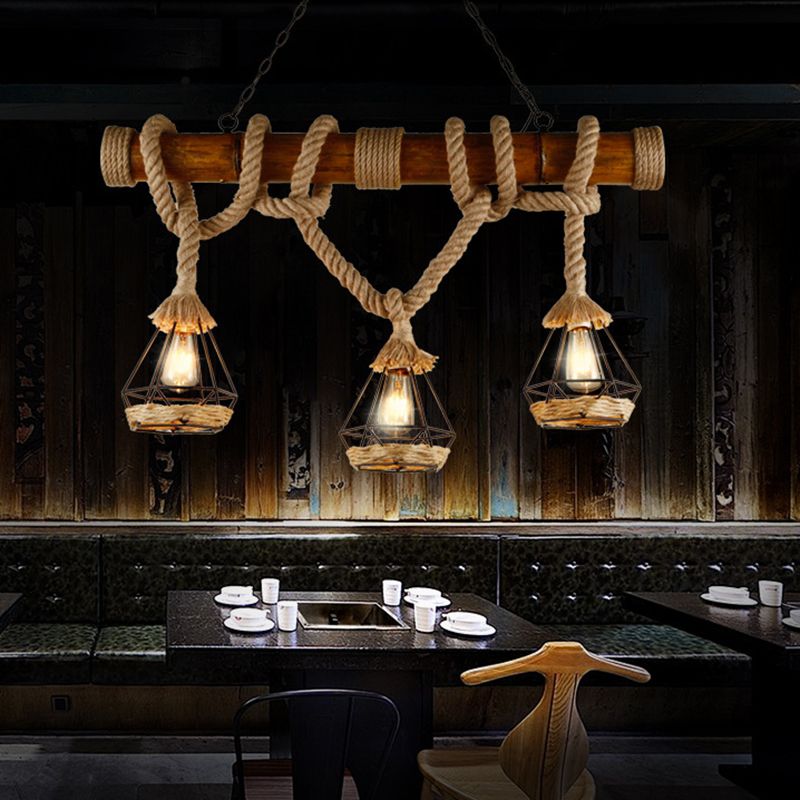 Retro Bamboo Island Light 3 Lights Island Pendant with Natural Rope for Restaurant