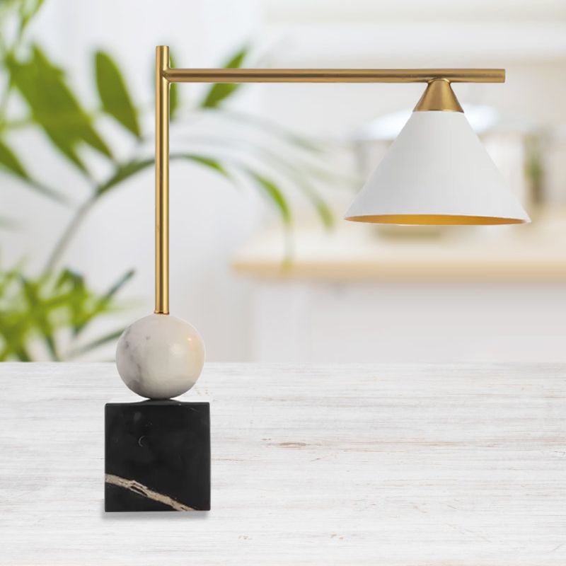 Conical Desk Lighting Minimalist Metal Single Head White Nightstand Lamp with Square Black Marble Base for Living Room