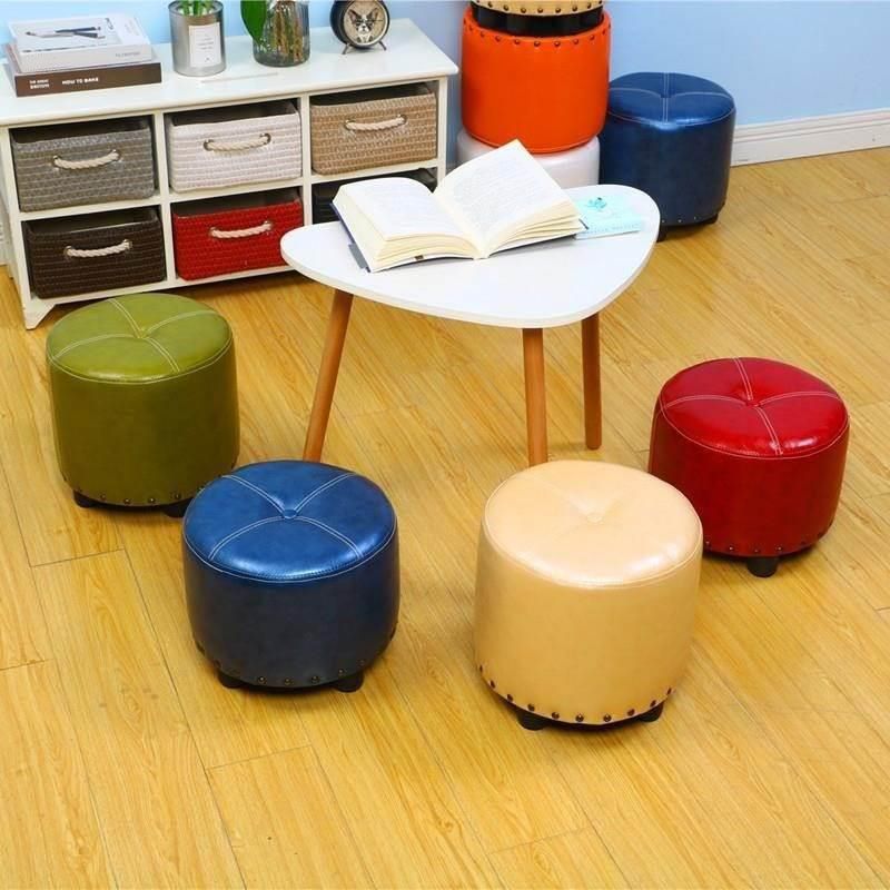 Cylinder Pouf Pure Color Tufted Nailhead Trim Faux Leather Standard Ottoman
