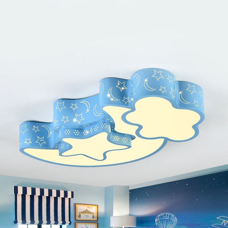 Plafonnier gravé Moon Star en métal contemporain encastré en bleu pour chambre d'enfant