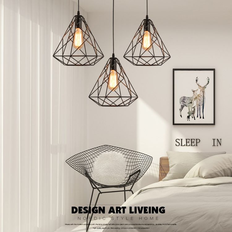 Metal Diamond Cage Pendant Lighting Vintage Style Dinning Room Hanging Pendant Light in Black