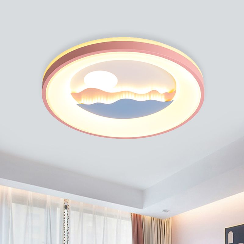 Round Acrylic Flush Light Fixture with Sunset Design Nordic LED Pink/Blue Flush Mount Lamp for Child Bedroom