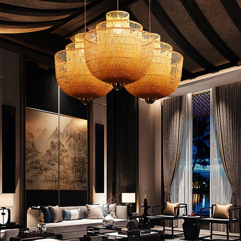 Layered Bamboo Suspension Lighting Minimalist 1 Head Wood Pendant Ceiling Light for Tea Room