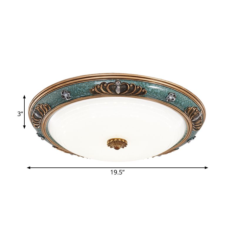 16"/19.5"/13.5" Wide LED Milky Glass Flush Light Fixture Traditional Green Crown Living Room Ceiling Lighting in Warm/White Light