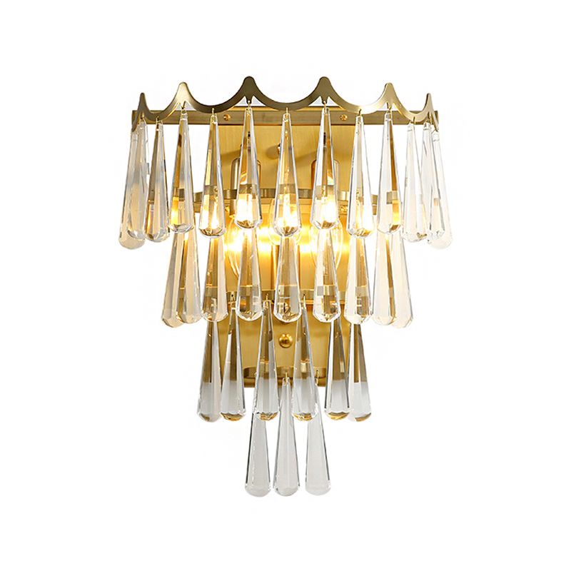 Metall geschichtete Wandbeleuchtung Moderne Style 2 Lichter Goldene Wandlampe mit klarem Kristall -Tränenschatten