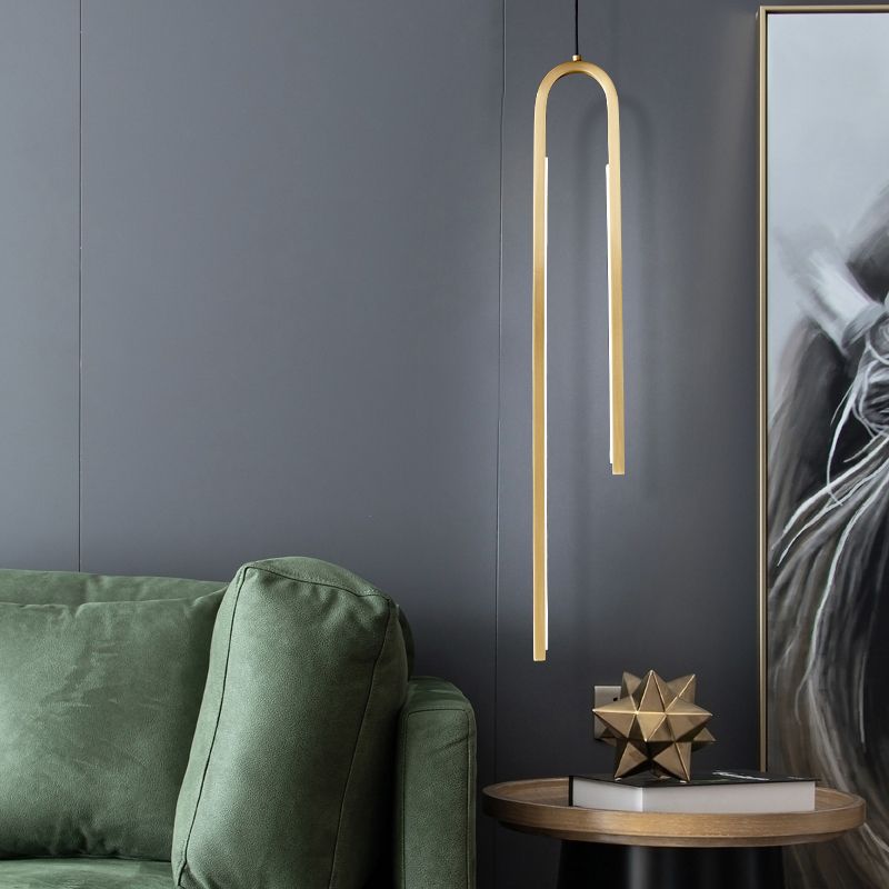 Brass Curved Linear LED Pendant Simplicity Metal Ceiling Hang Light for Living Room