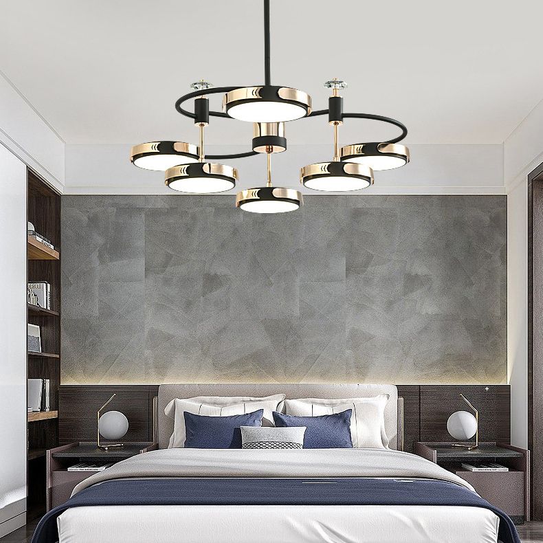 Postmoderne ronde kroonluchter metalen slaapkamer led suspensie licht in zwart-goud