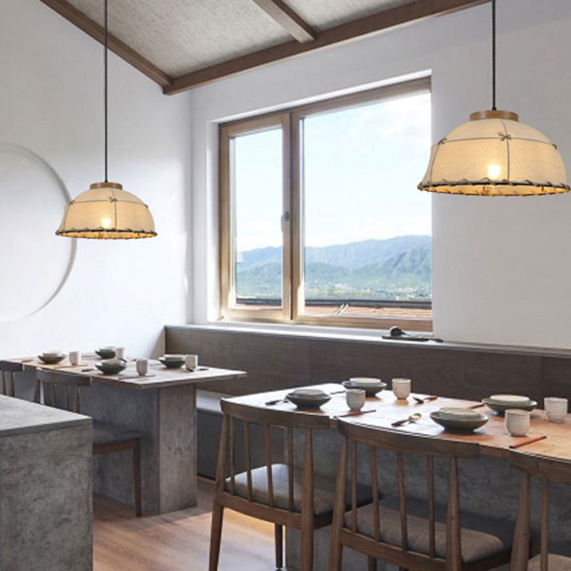 Dome Shade Ceiling Lamp Retro Stylish Fabric 1 Bulb Flaxen Hanging Pendant Light with Adjustable Cord, 14"/16" Dia