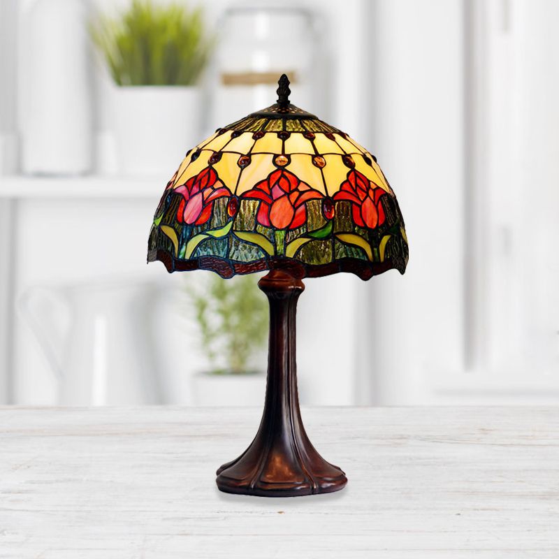 Flower Patterned Table Light Tiffany Style Stained Glass 1 Bulb Bronze Night Lamp