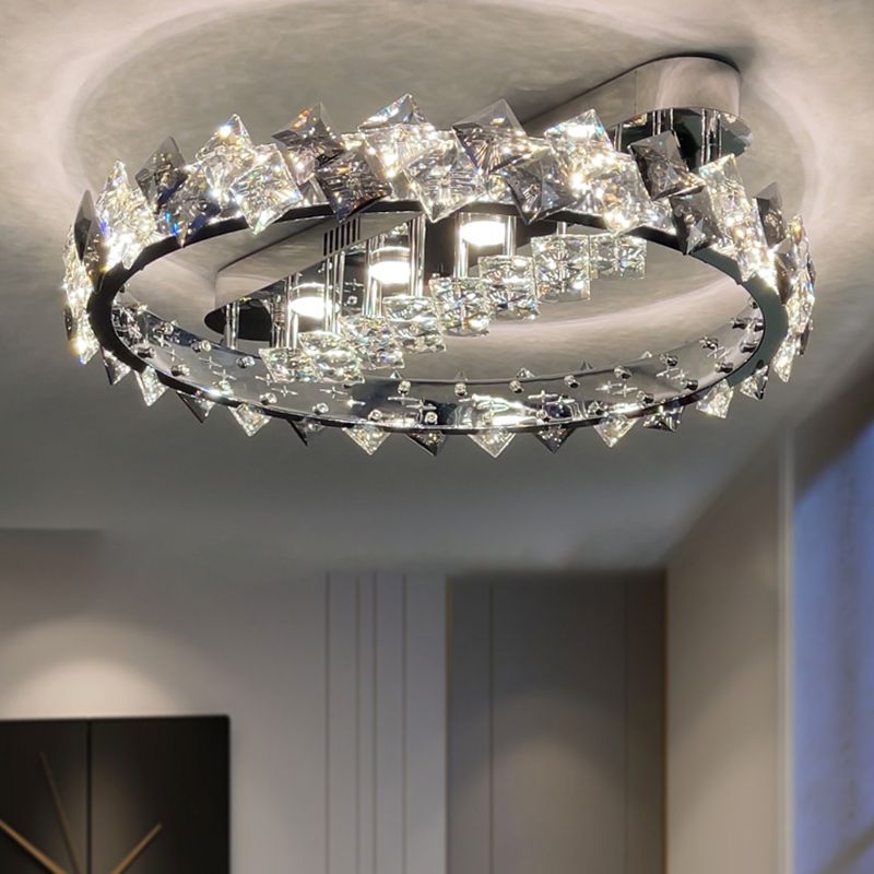 Modern Circular Flush Light Fixture Crystal 1 Light Flushmount Lighting in Grey