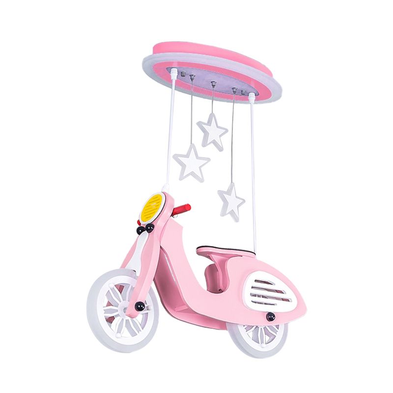 Wood Suspended Motorcycle Ceiling Light Cartoon Blue/Pink LED Flush Mount Lighting with Acrylic Shade