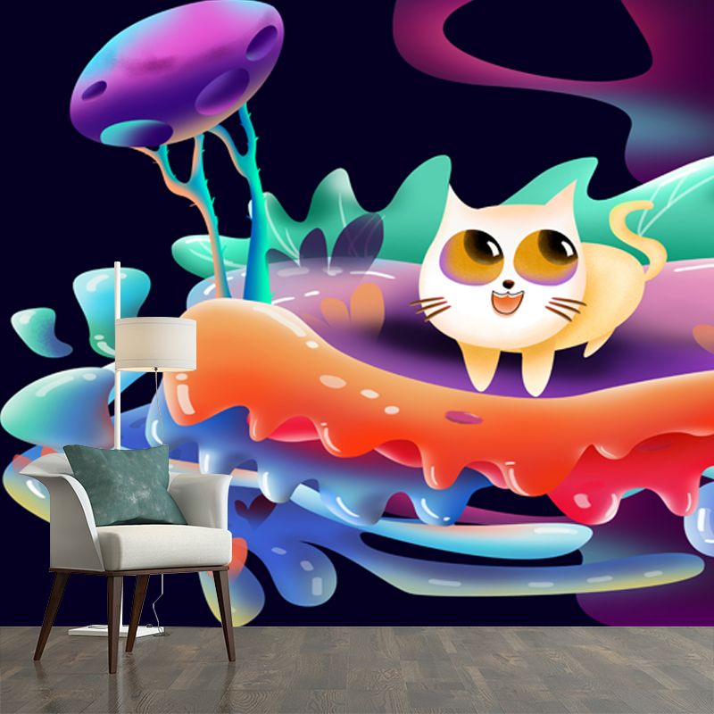 Big Childrens Art Mural Purple Cat Playing in Forest Wall Covering, Made to Measure