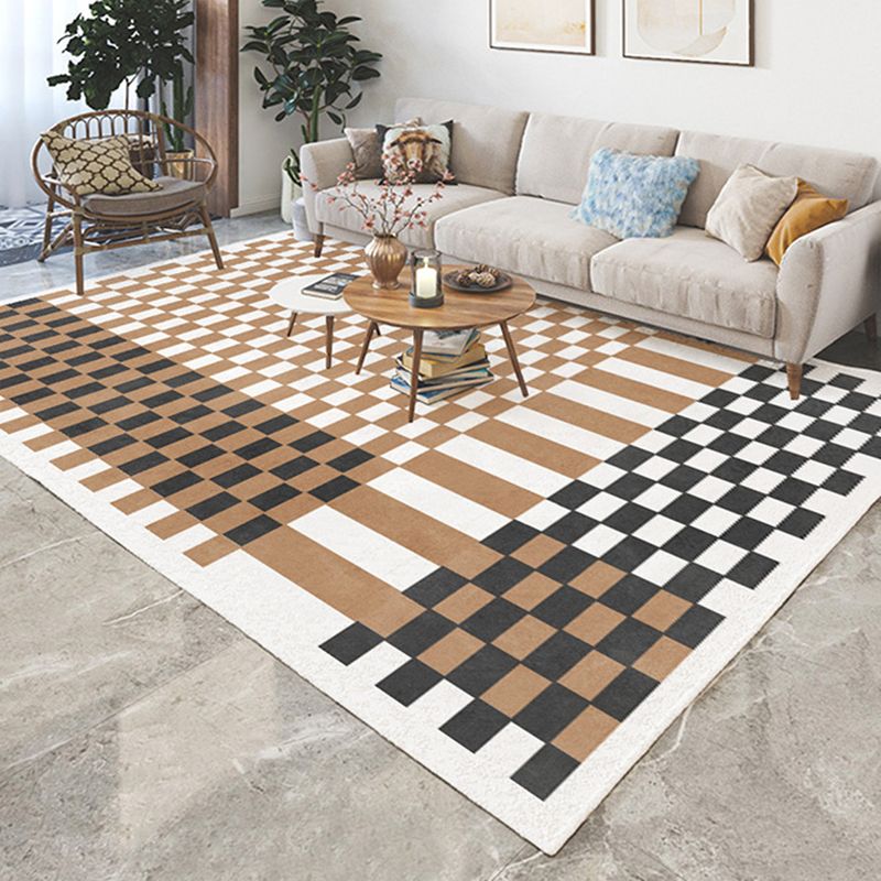 Brown Modern Rug Polyester Grating Pattern Rug Non-Slip Backing Rug for Living Room