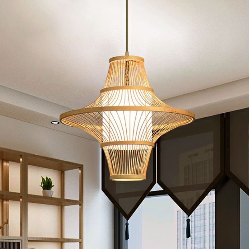 Symmetric Cage Bamboo Pendant Lamp Modern 1-Light Wood Pendulum Light for Restaurant