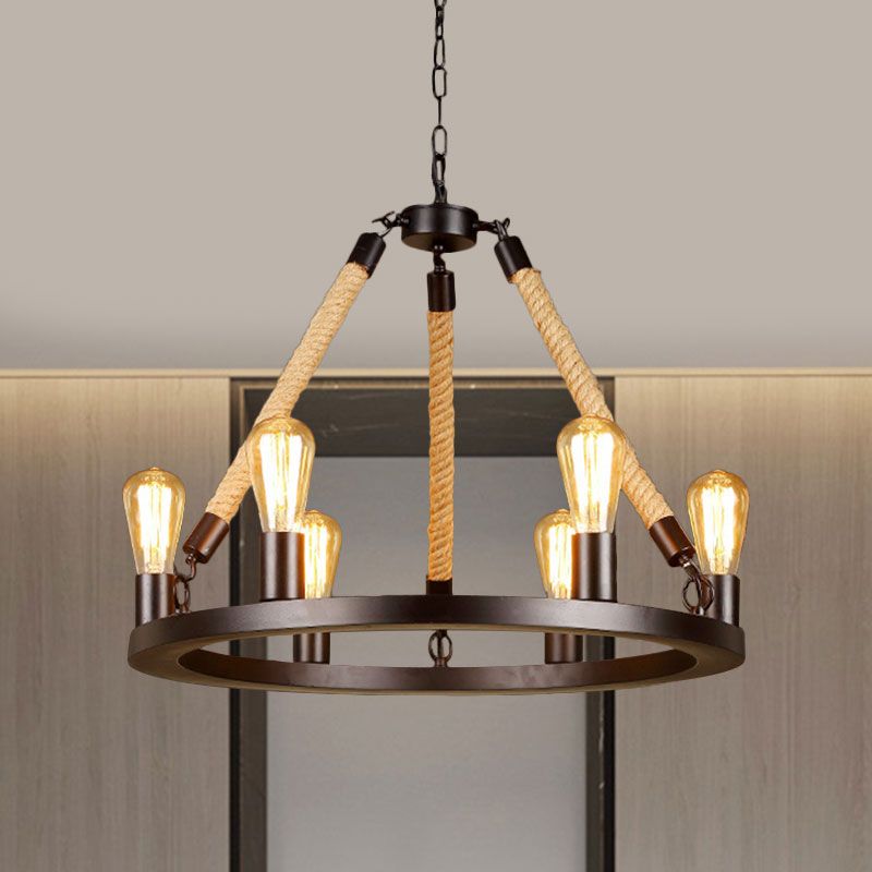 Metallic Circular Hanging Lamp with Exposed Bulb and Rope Vintage 6/8 Lights Dining Room Suspension Light in Brown