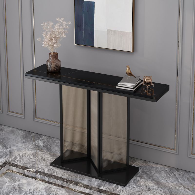 Glam Style Stone Top Console Table with Iron Pedestal Base and Glass