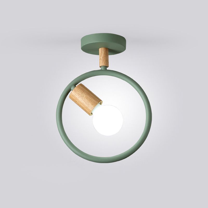 Circle Metal Flushmount Lighting Simple 1 Bulb Grey/Green/White Semi Close to Ceiling Lamp with Tube Wood Arm