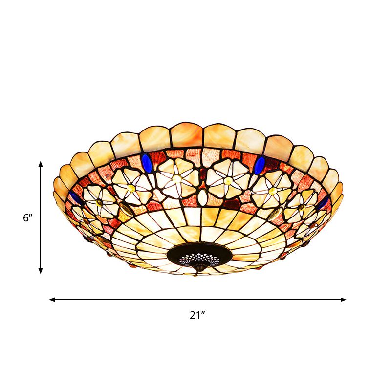 12"/21" Dia 3/4-Light Flush Mount Lamp Tiffany Bowl Shell Ceiling Fixture with Blossom Pattern in Beige