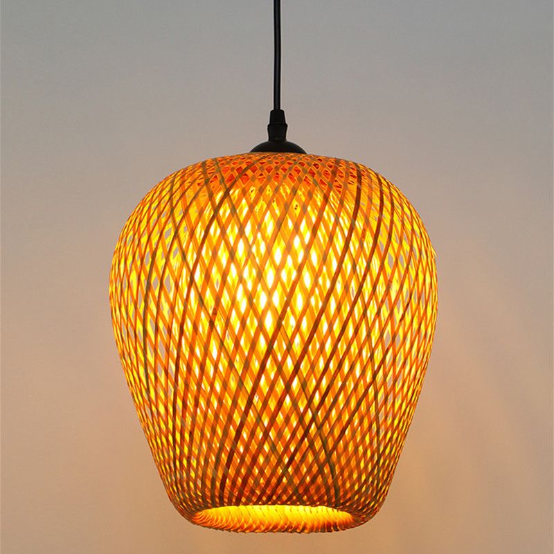 Asian Creative Drum Pendant Light Bamboo Weaving Hanging Lamp for Interior Spaces