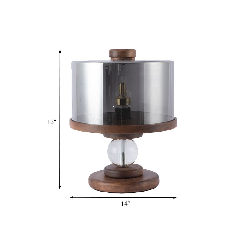 Black Glass Drum Table Lighting Modern Single Light Brown Wood Night Lamp for Living Room