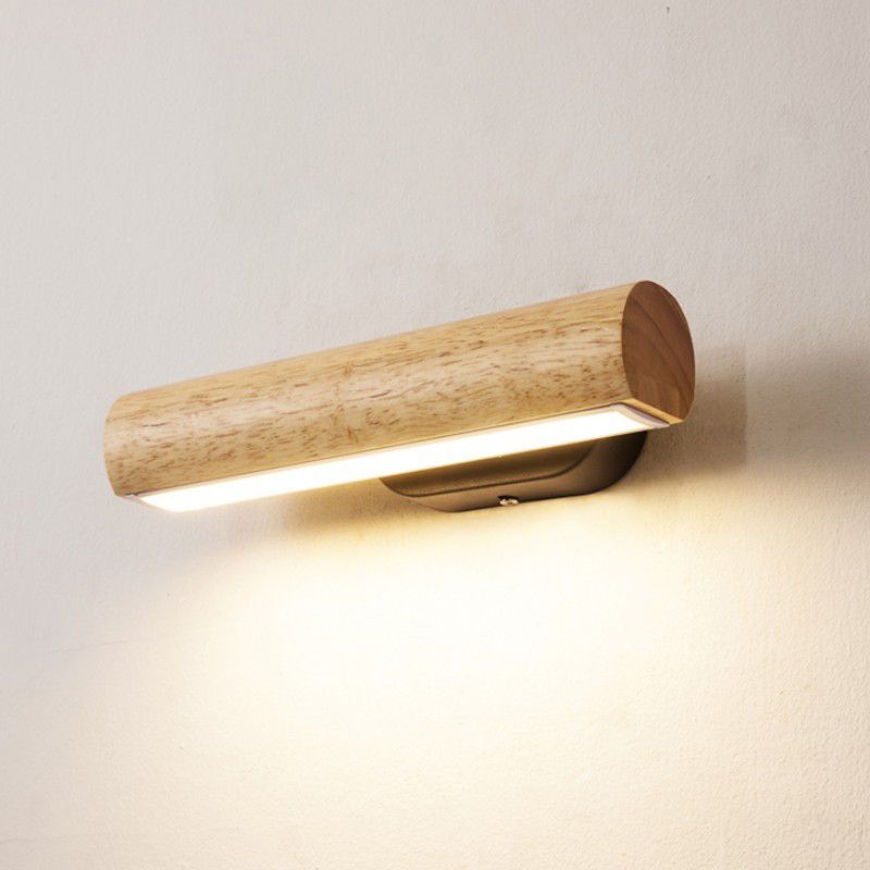 Japanese Style Wooden Wall Light Cylinder Shape Rotatable Wall Lamp for Living Room