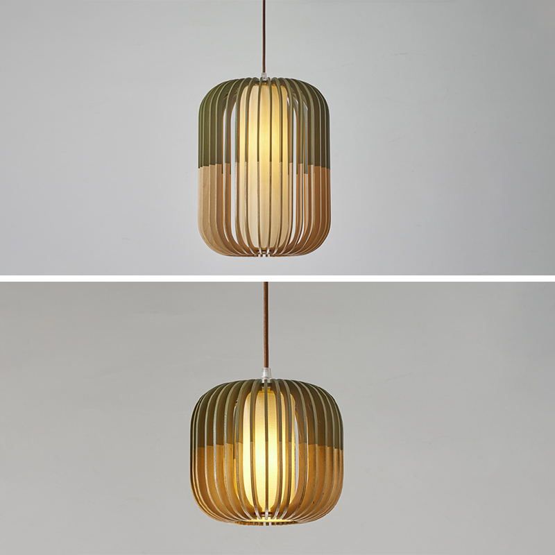 Green Color-Block Lantern Pendant Lamp Modern 1 Head Wooden Hanging Light for Dining Room