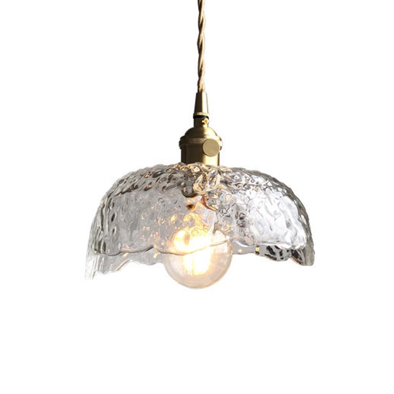 Translucent Hammered Glass Bowled Pendant Modernity Single-Bulb Brass Hanging Lighting Fixture